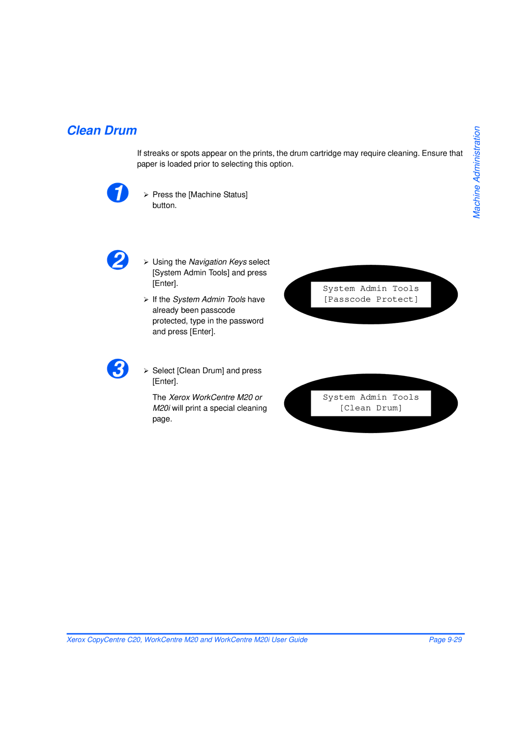 Xerox M20/M20i manual Clean Drum, Button, Xerox WorkCentre M20 or M20i will print a special cleaning 