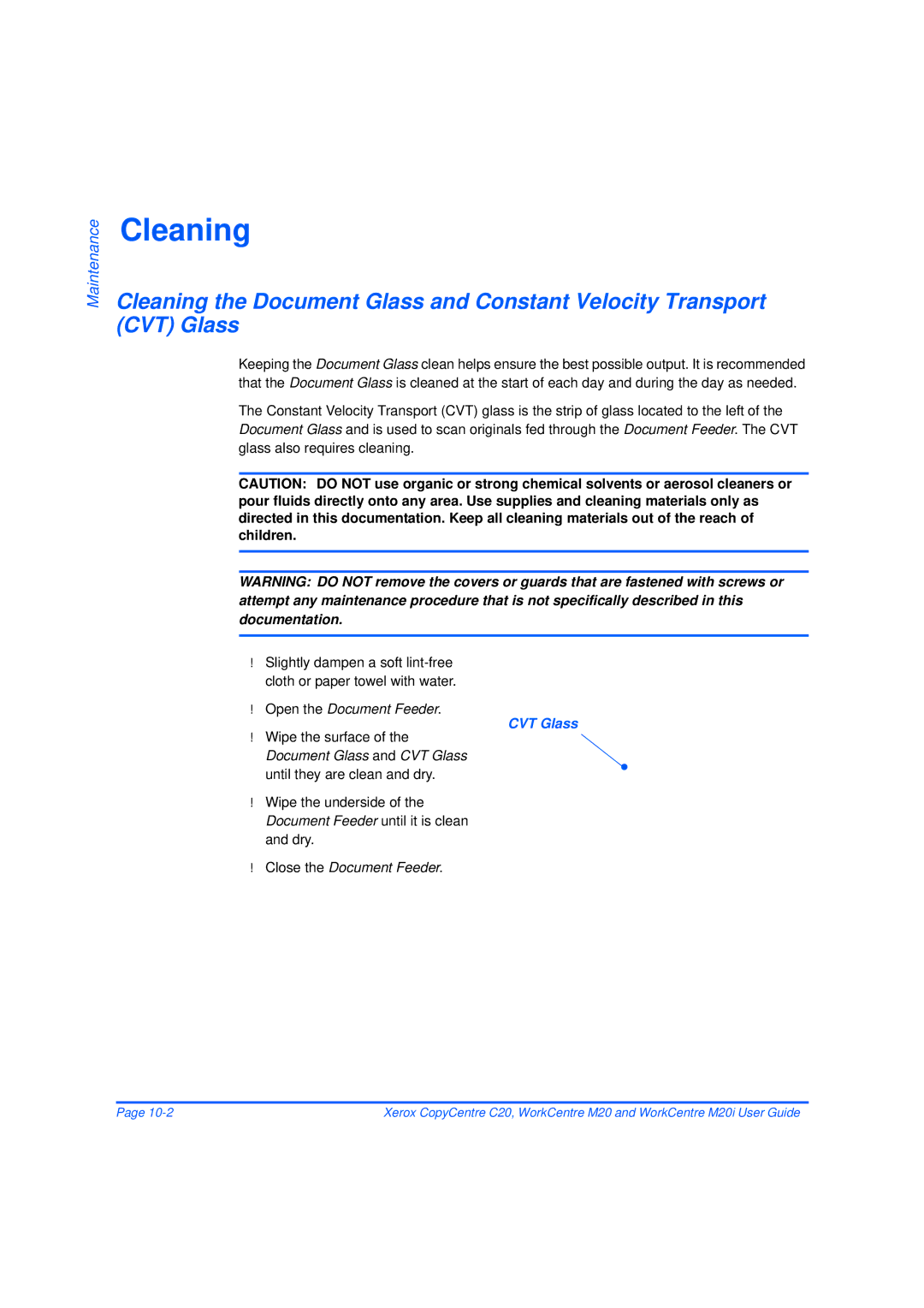 Xerox M20/M20i manual Cleaning, Open the Document Feeder, CVT Glass, Close the Document Feeder 