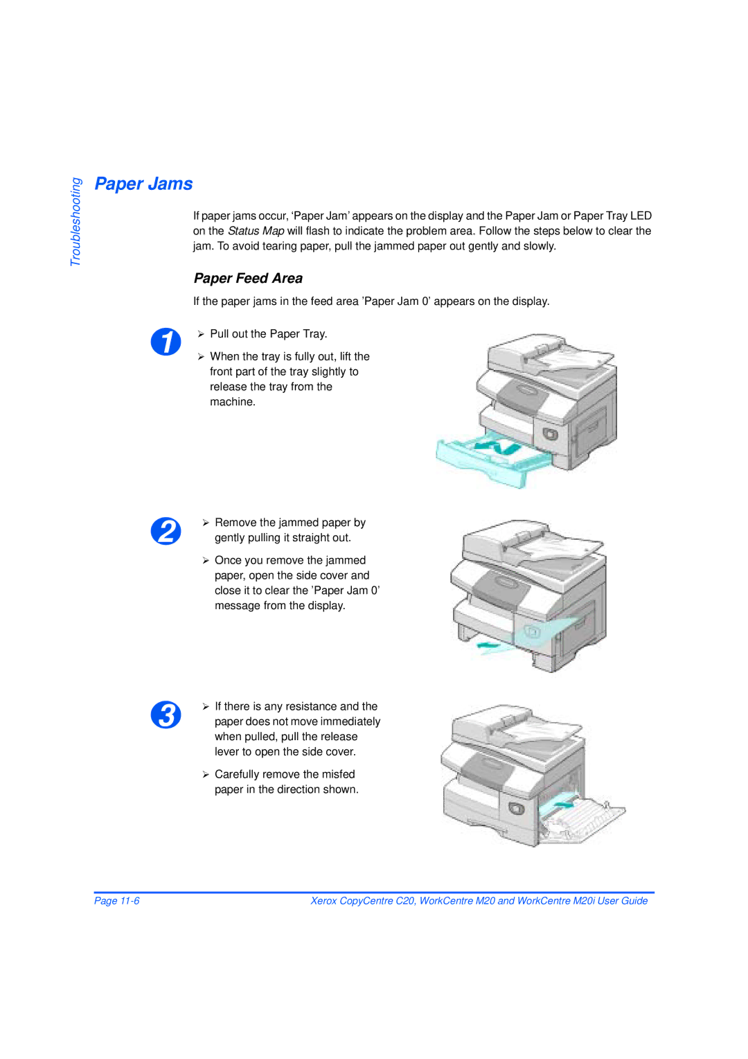 Xerox M20/M20i manual Paper Jams, Paper Feed Area, When pulled, pull the release, Lever to open the side cover 