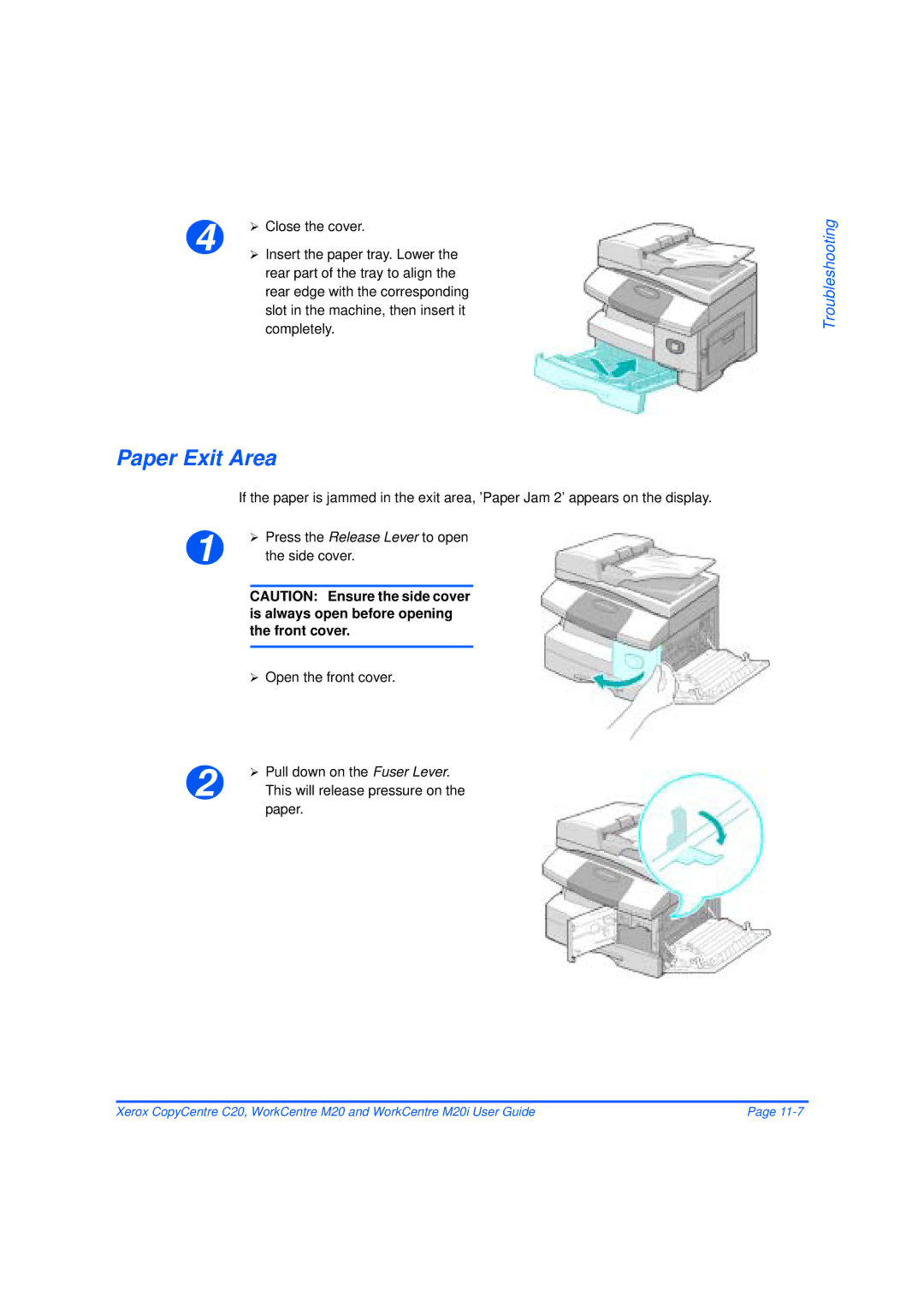 Xerox M20/M20i manual Paper Exit Area, Close the cover, Open the front cover Pull down on the Fuser Lever 