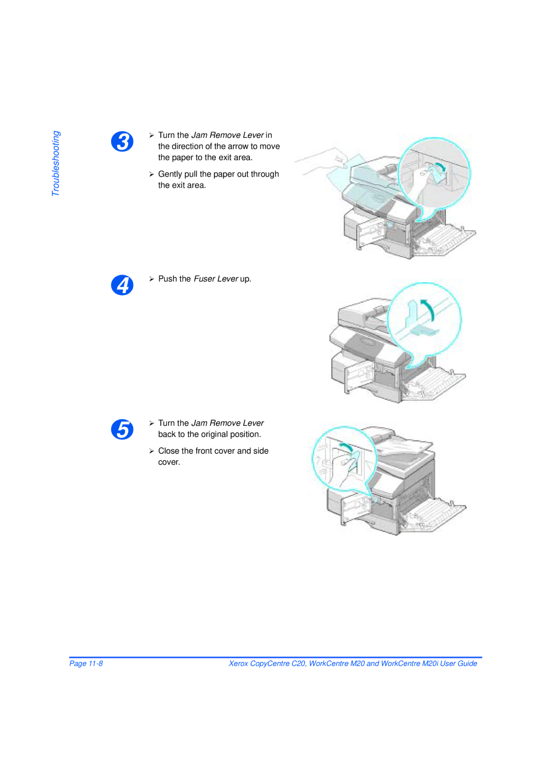 Xerox M20/M20i manual Turn the Jam Remove Lever back to the original position, Close the front cover and side cover 