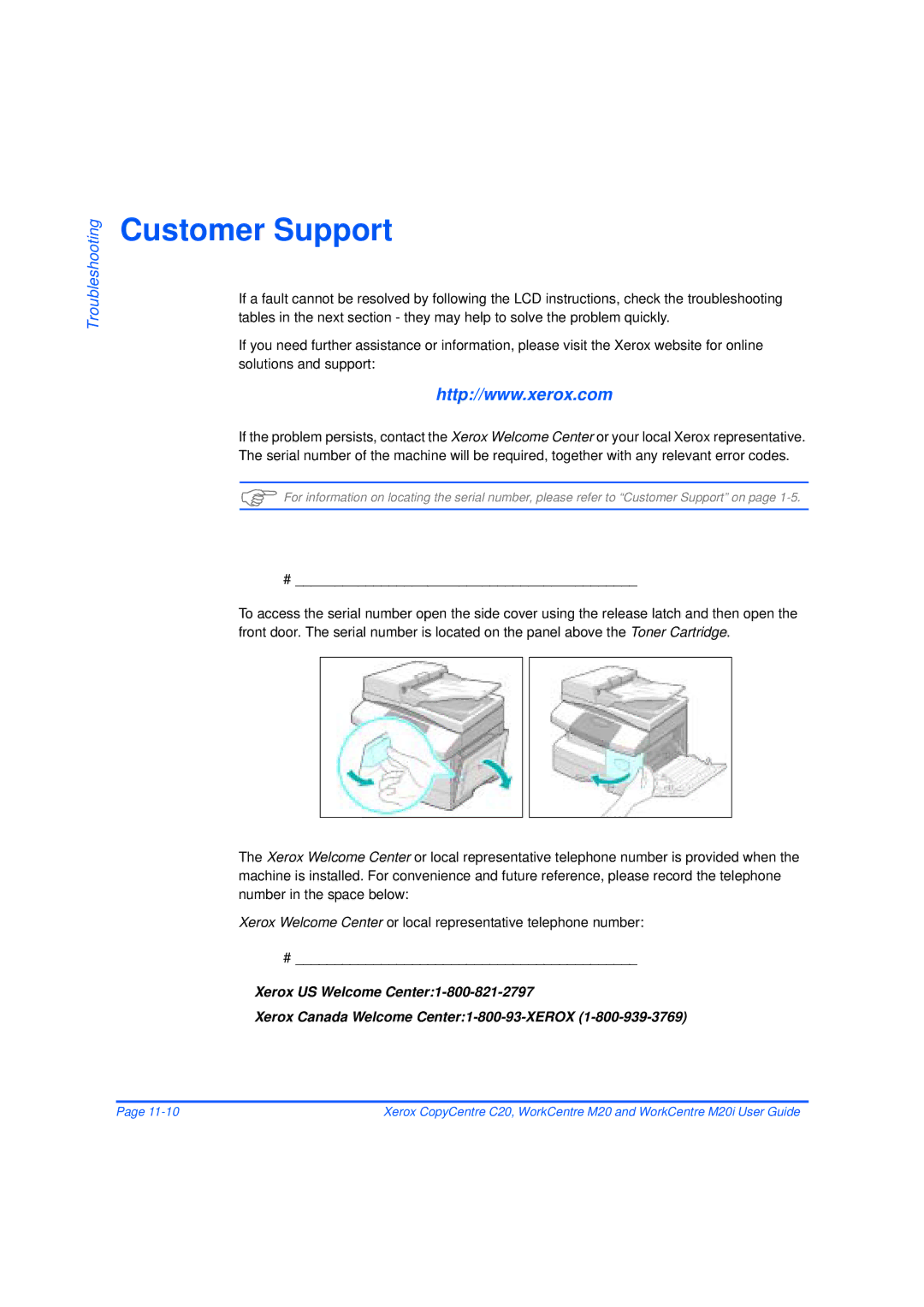 Xerox M20/M20i manual Customer Support 