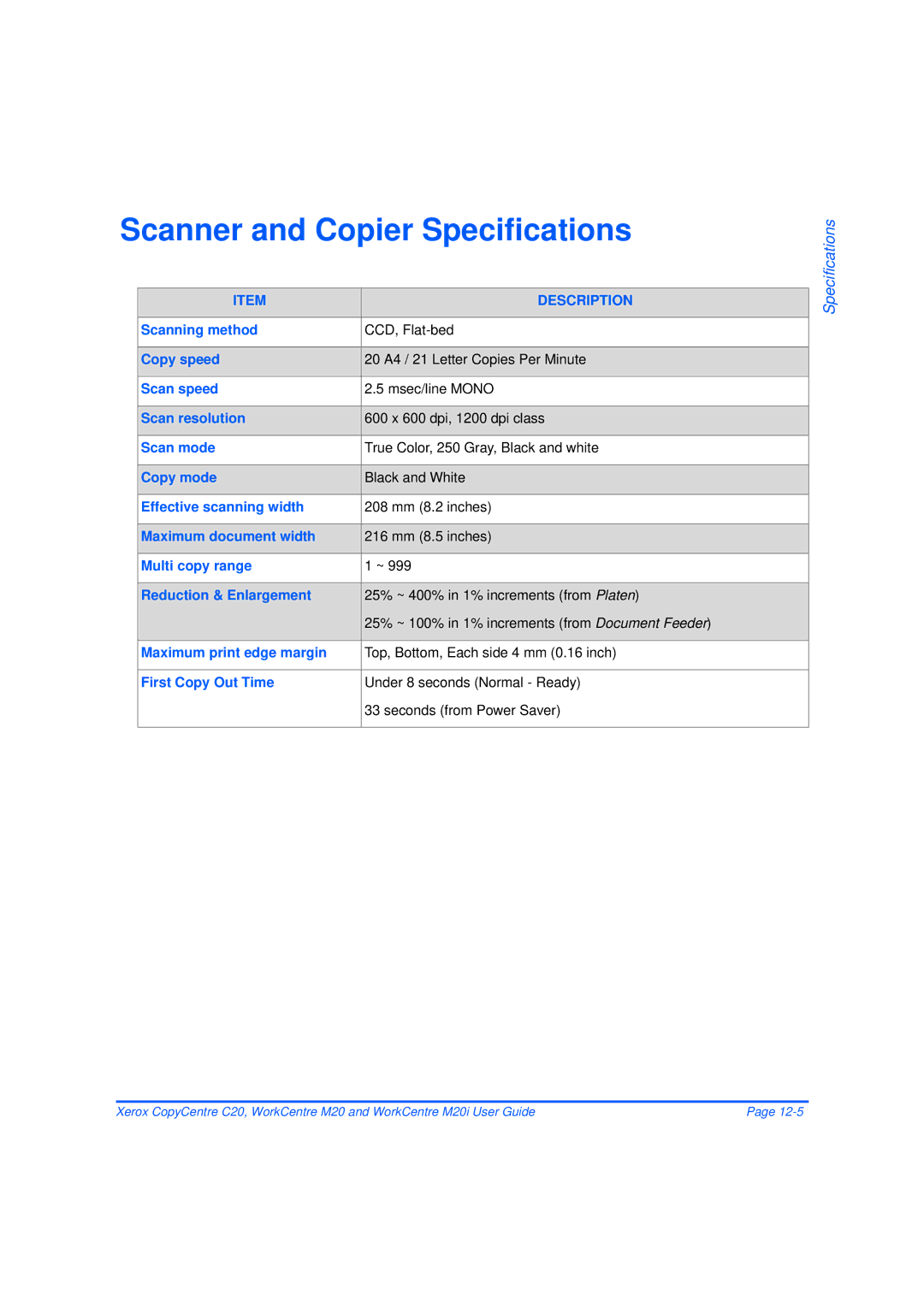 Xerox M20/M20i manual Scanner and Copier Specifications 