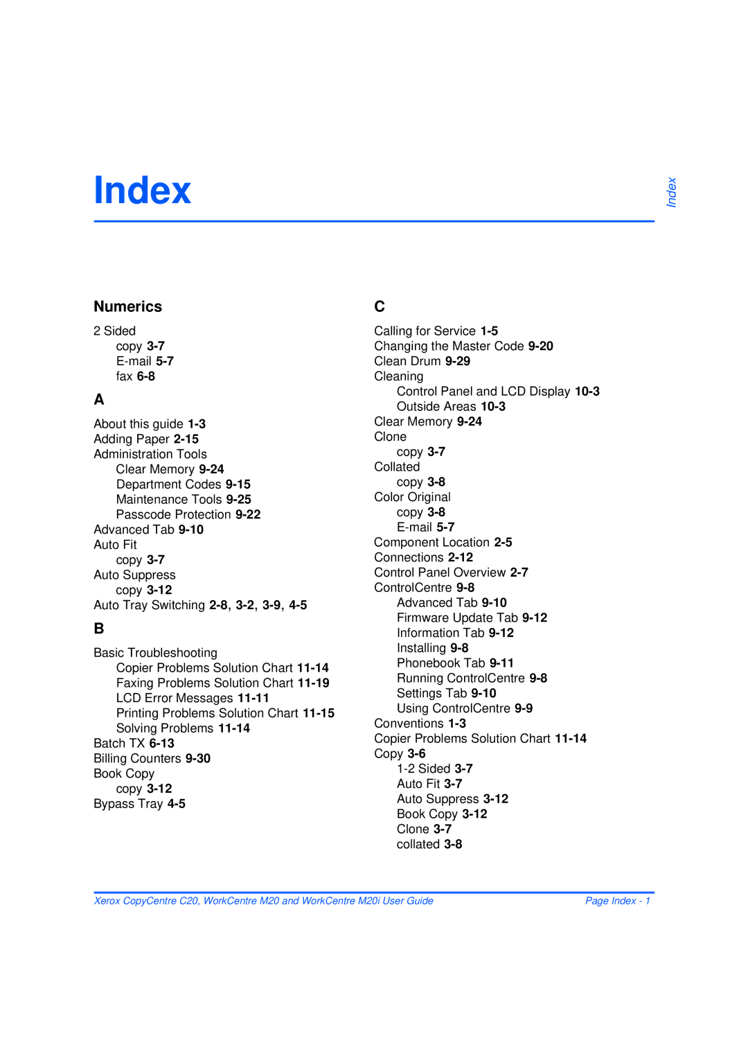 Xerox M20/M20i manual Index, Numerics 