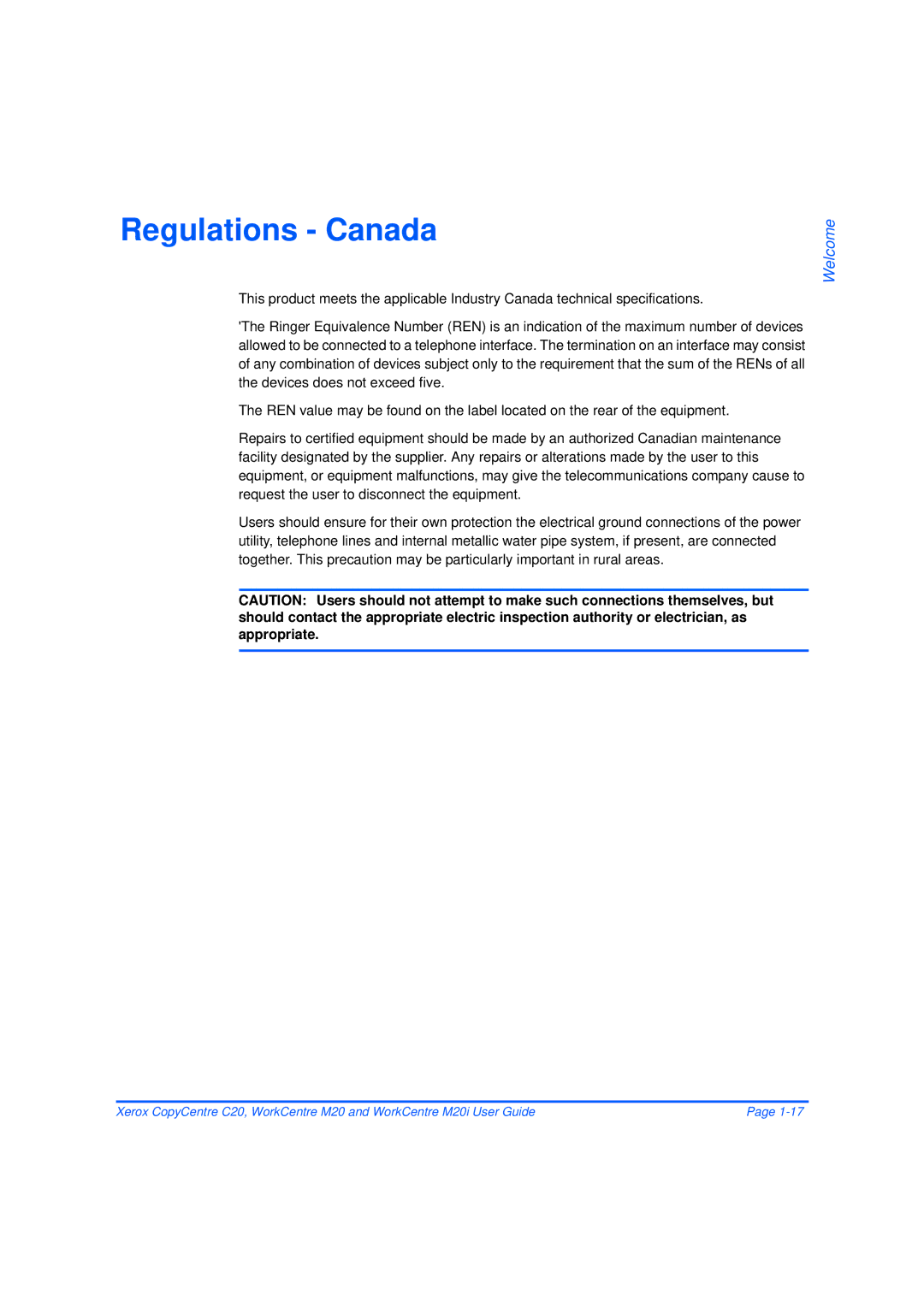 Xerox M20/M20i manual Regulations Canada 