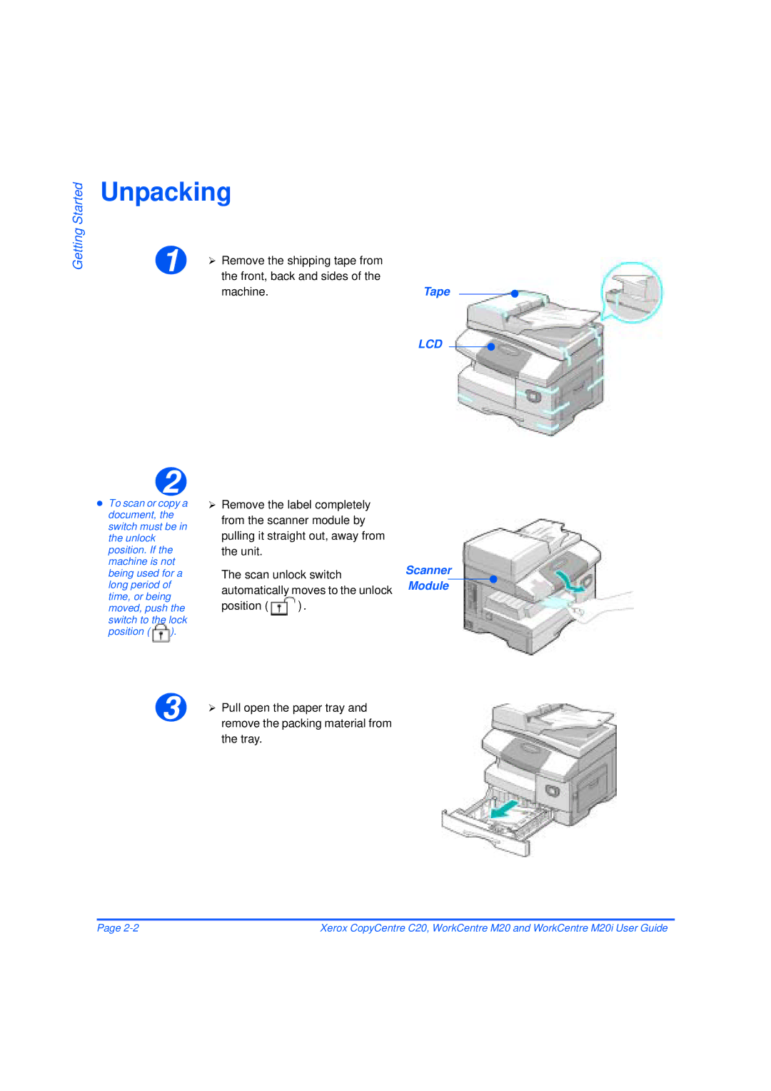 Xerox M20/M20i manual Unpacking, Tape, Scanner Module 