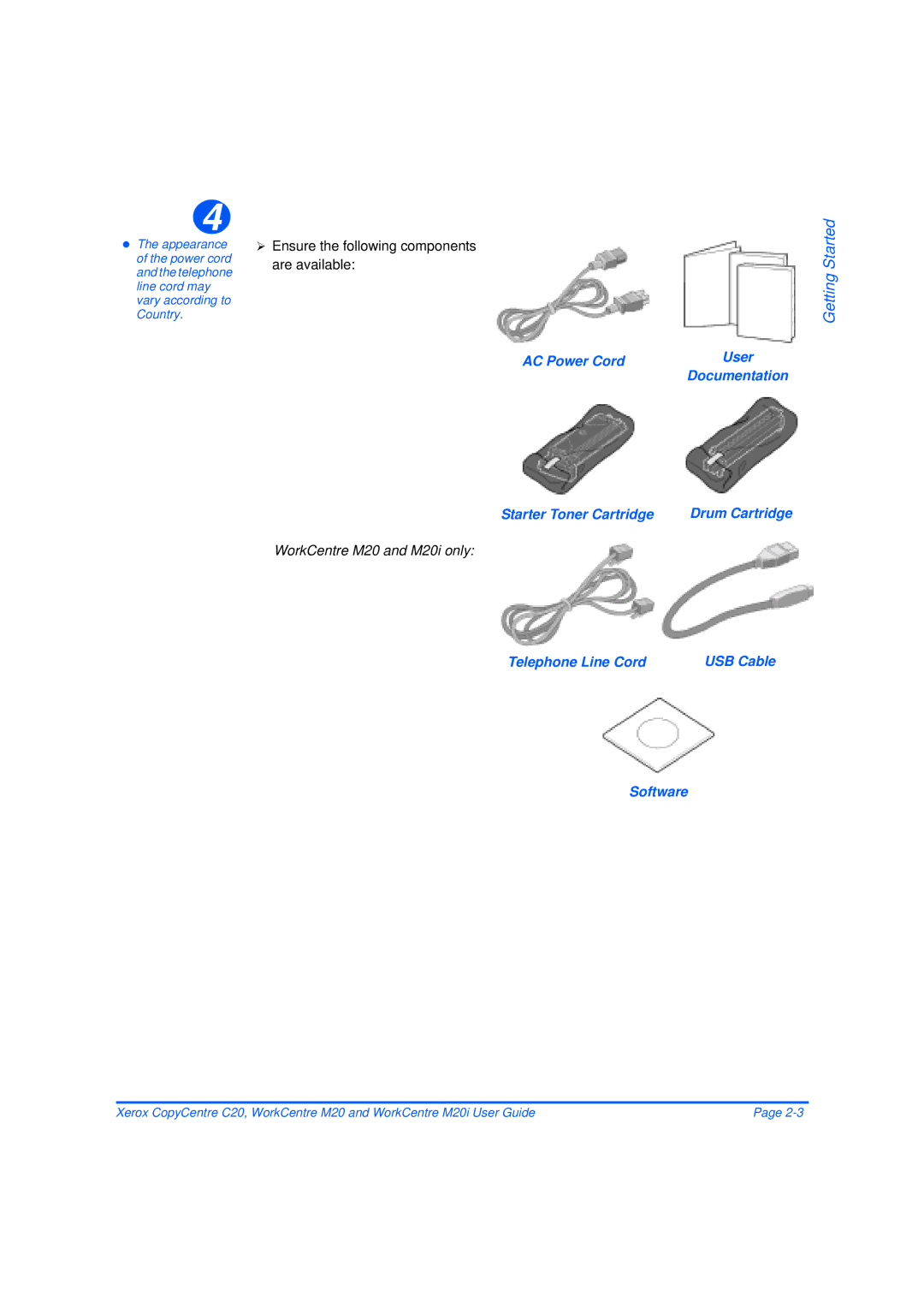 Xerox M20/M20i manual AC Power Cord, Documentation, Starter Toner Cartridge, WorkCentre M20 and M20i only 