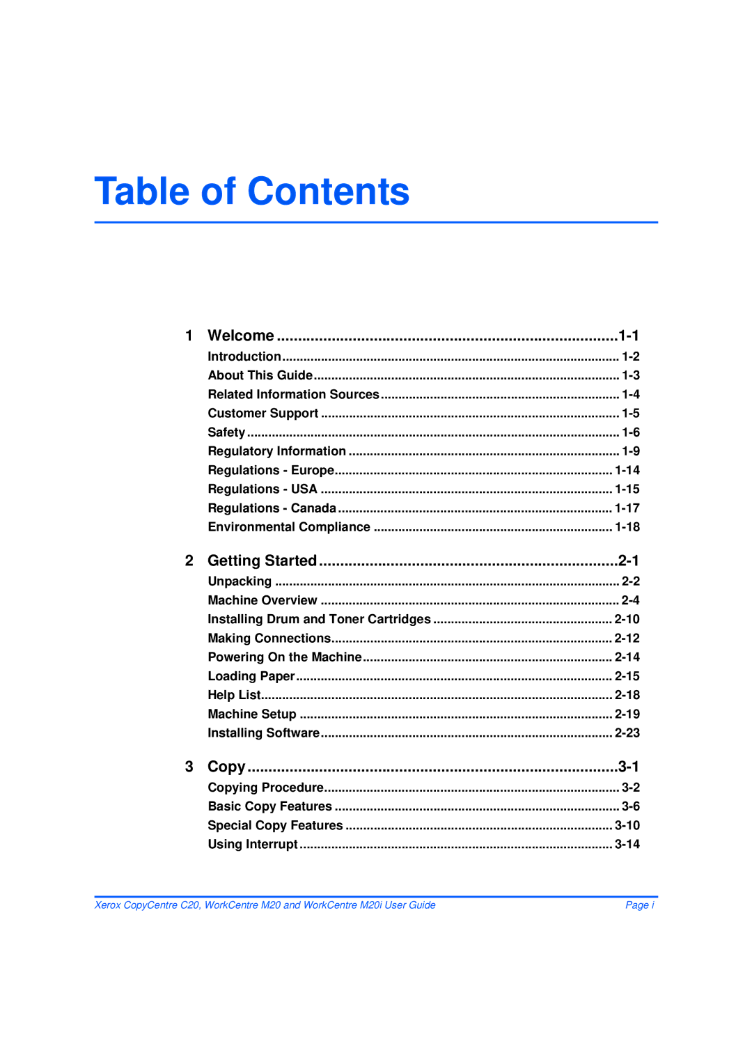 Xerox M20/M20i manual Table of Contents 