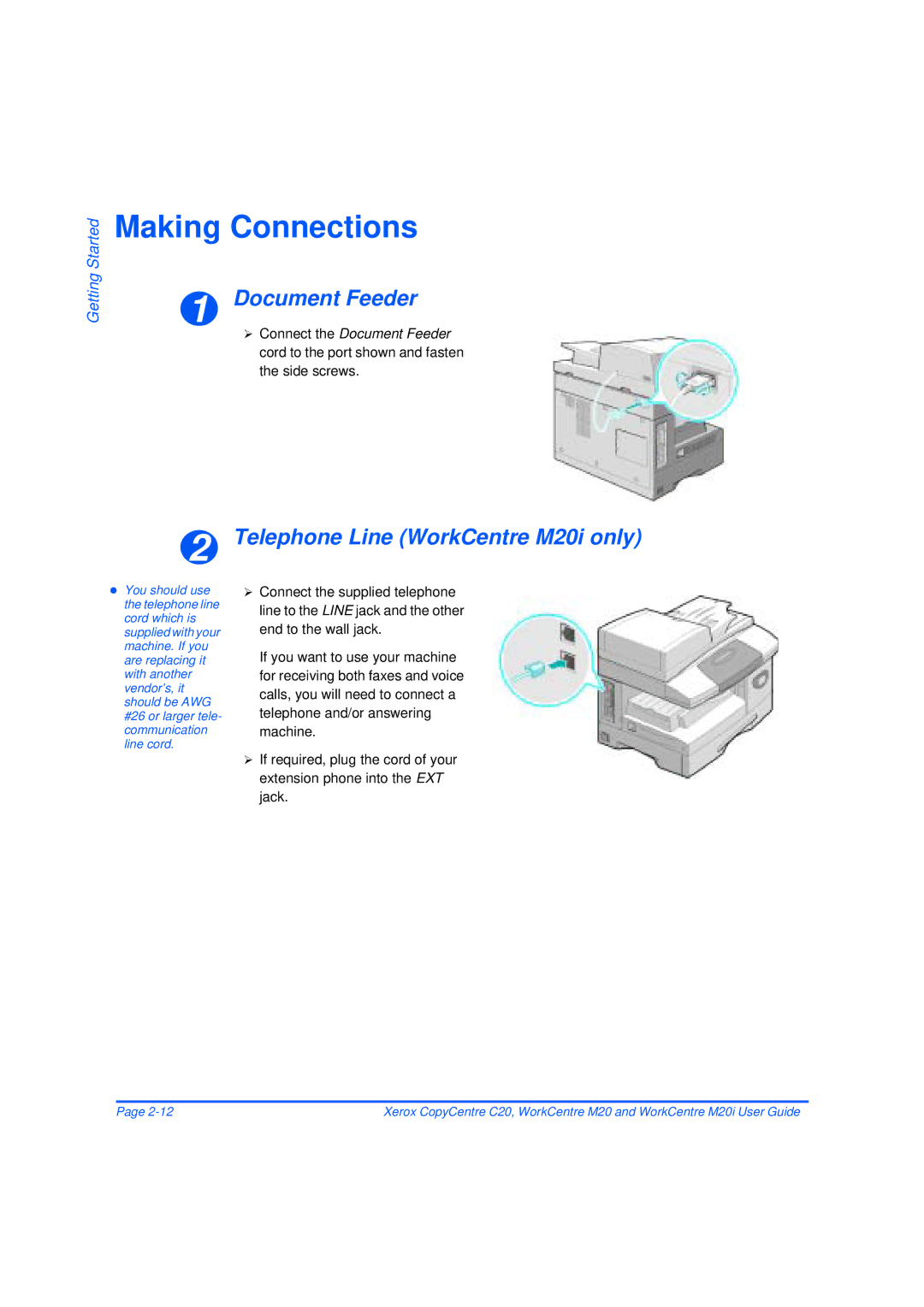 Xerox M20/M20i manual Making Connections, Document Feeder, Telephone Line WorkCentre M20i only 