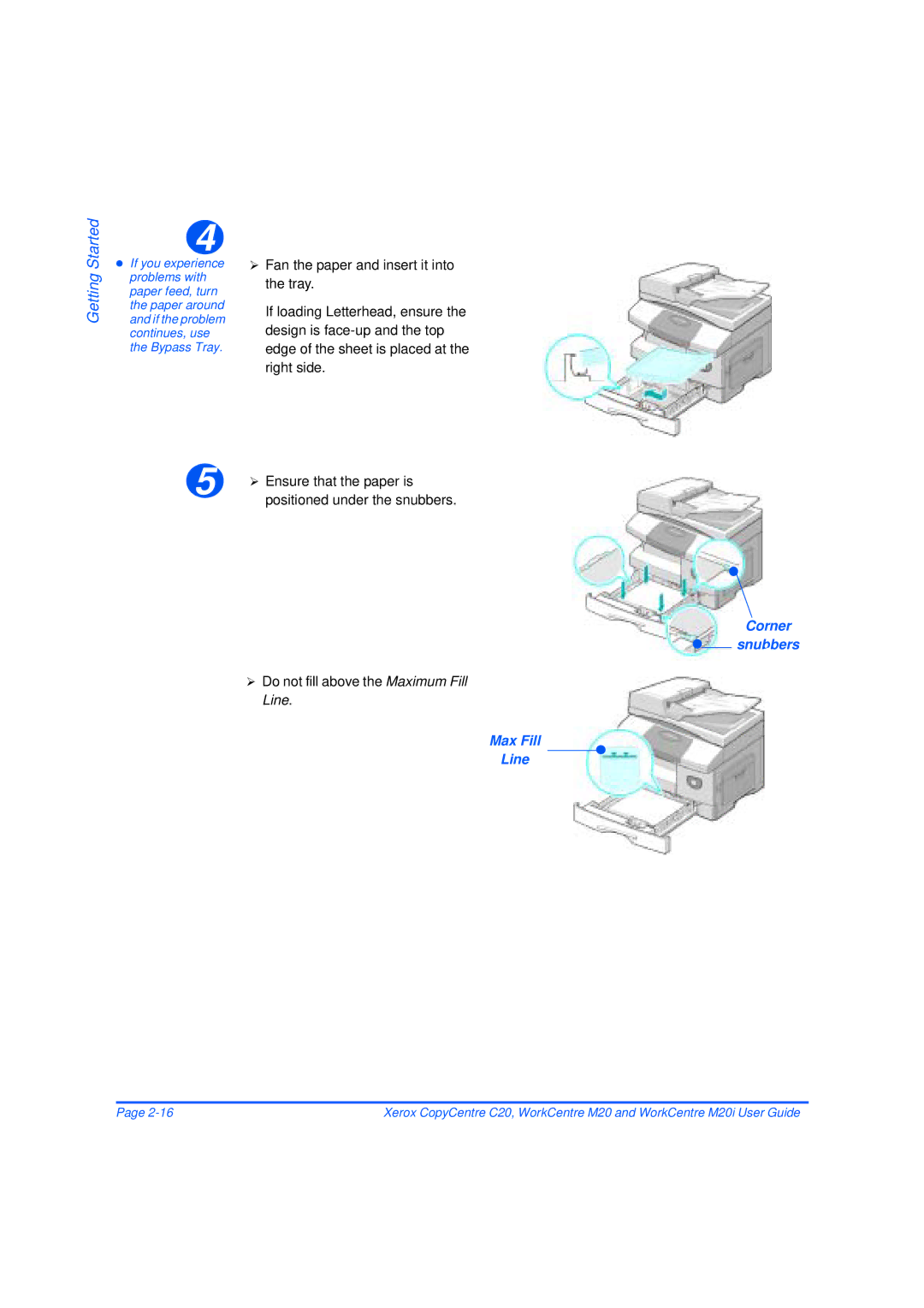 Xerox M20/M20i manual Corner Snubbers, Do not fill above the Maximum Fill Line, Max Fill Line 