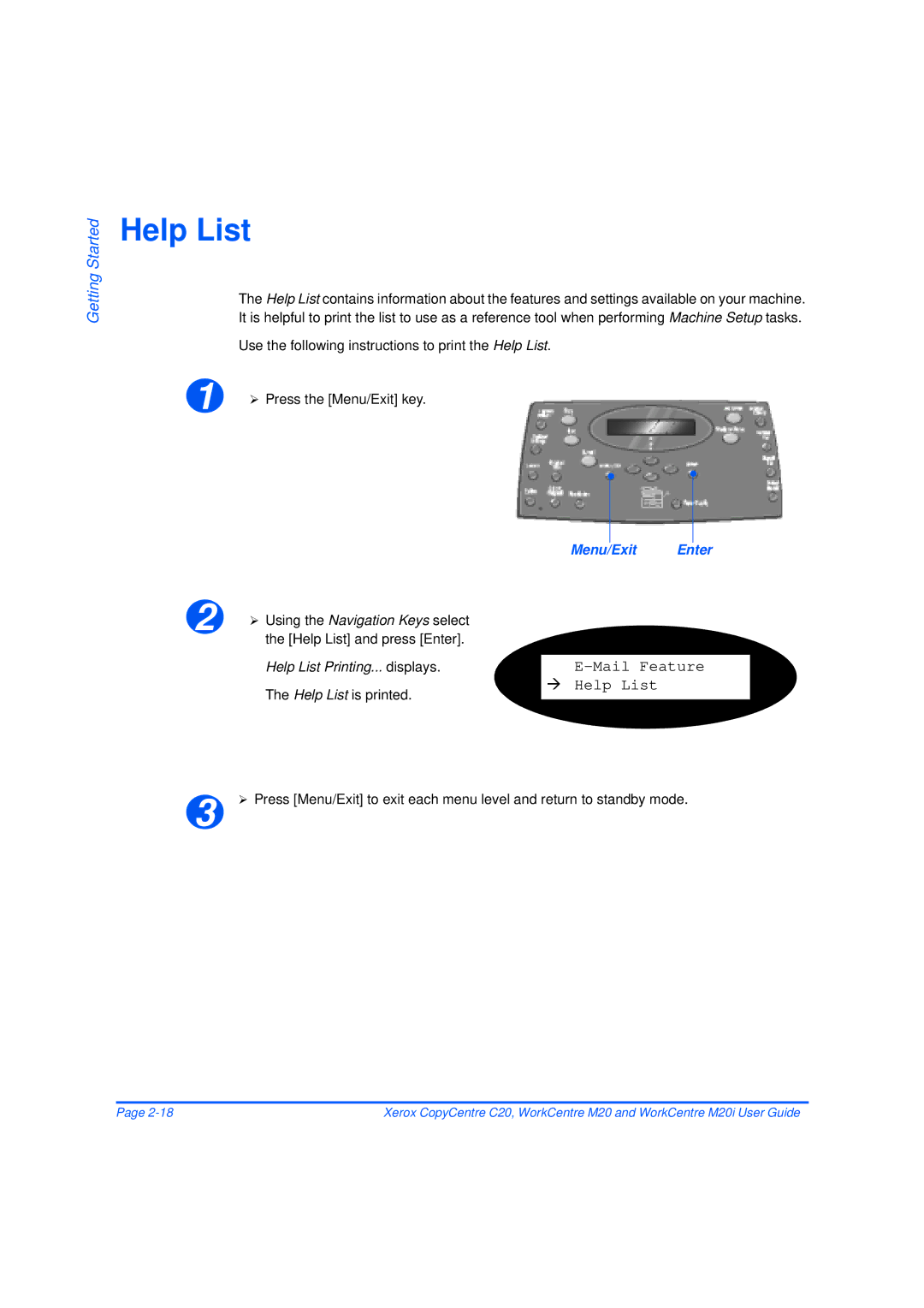 Xerox M20/M20i manual Help List Printing... displays, Menu/Exit Enter 