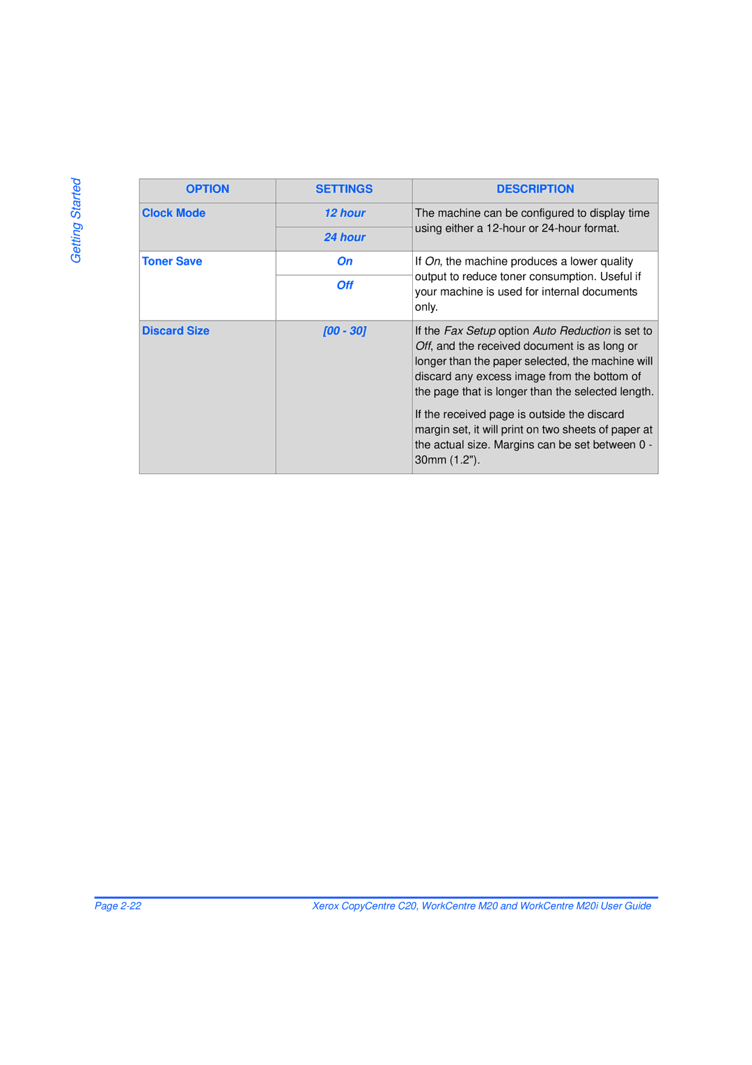 Xerox M20/M20i manual Clock Mode, Hour, Toner Save, Discard Size, If the Fax Setup option Auto Reduction is set to 