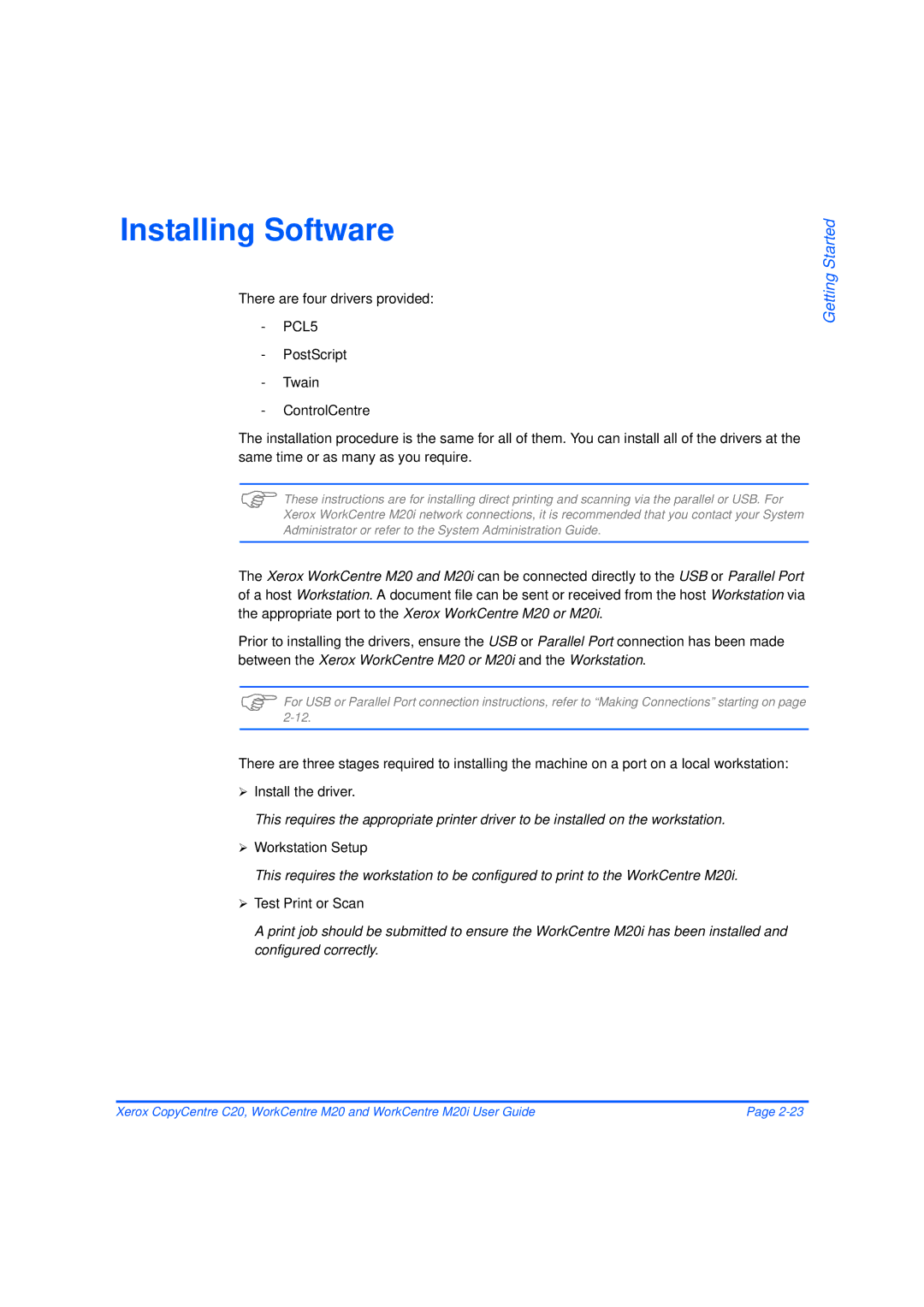 Xerox M20/M20i manual Installing Software, Workstation Setup, Test Print or Scan 