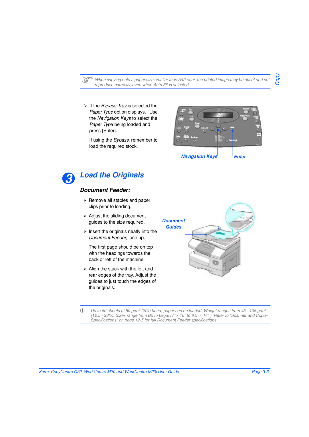 Xerox M20/M20i manual Load the Originals, Document Feeder, Navigation Keys Enter, Document Guides 