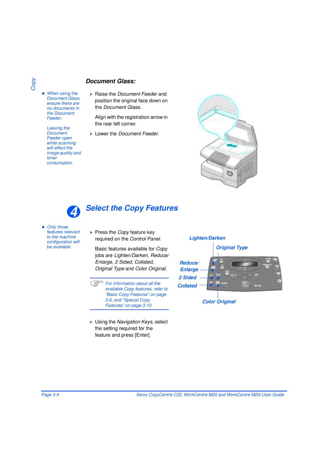 Xerox M20/M20i manual Select the Copy Features, Document Glass, Align with the registration arrow in the rear left corner 