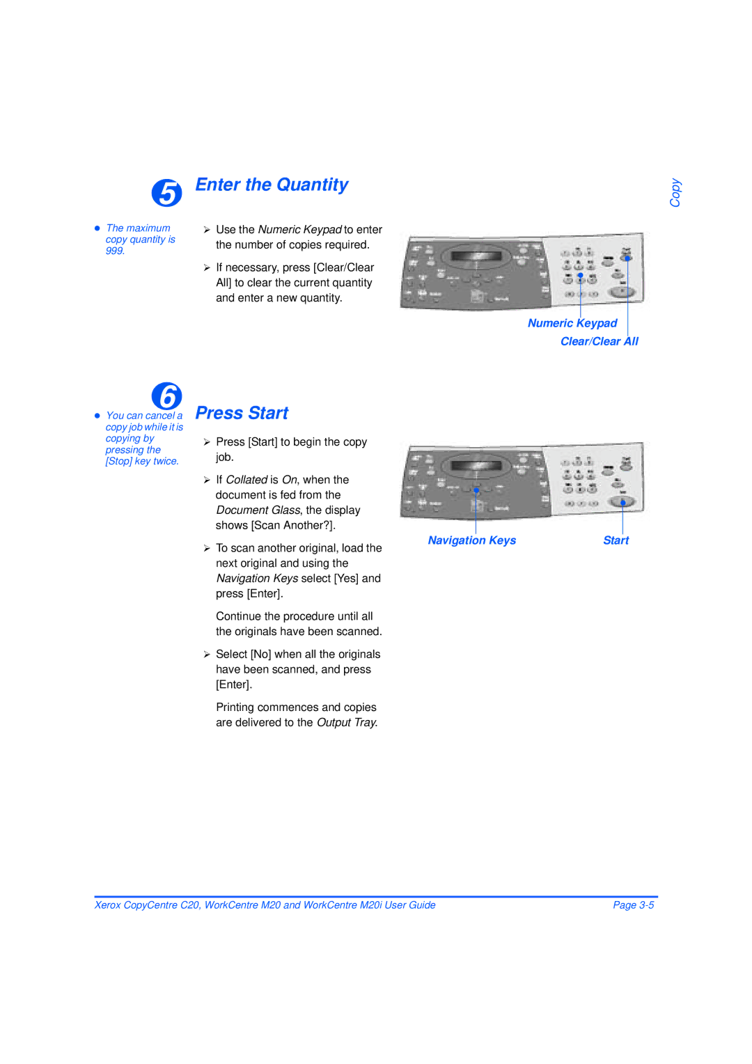 Xerox M20/M20i manual Enter the Quantity, Press Start, Numeric Keypad Clear/Clear All, Keys 