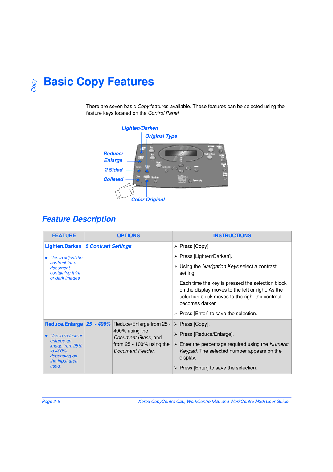 Xerox M20/M20i manual Basic Copy Features, Feature Description, Contrast Settings, 25 400% 