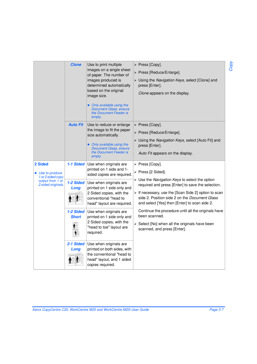 Xerox M20/M20i manual Clone, Auto Fit, Sided, Long, Short 