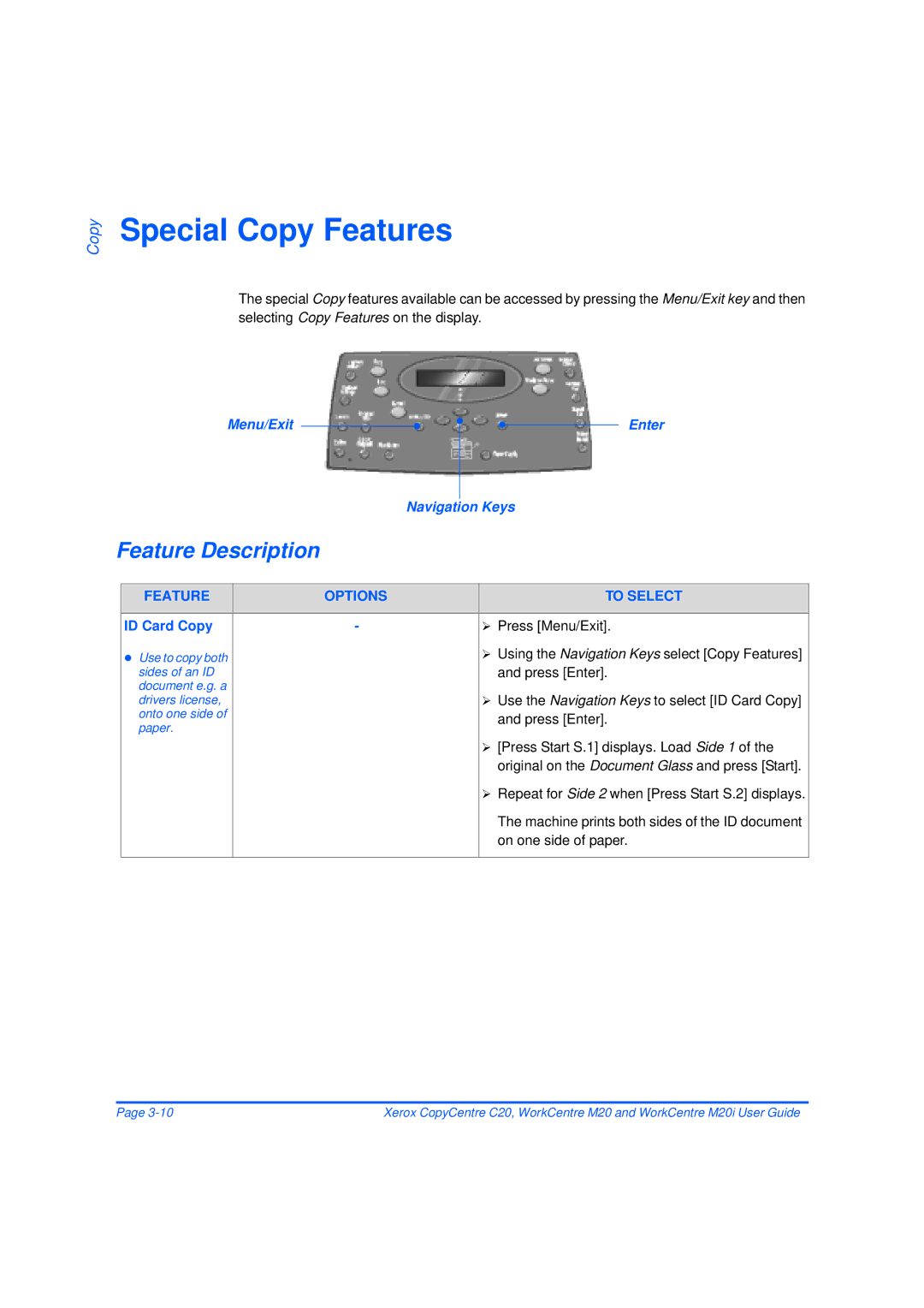 Xerox M20/M20i manual Special Copy Features, Menu/Exit Enter Navigation Keys, ID Card Copy 