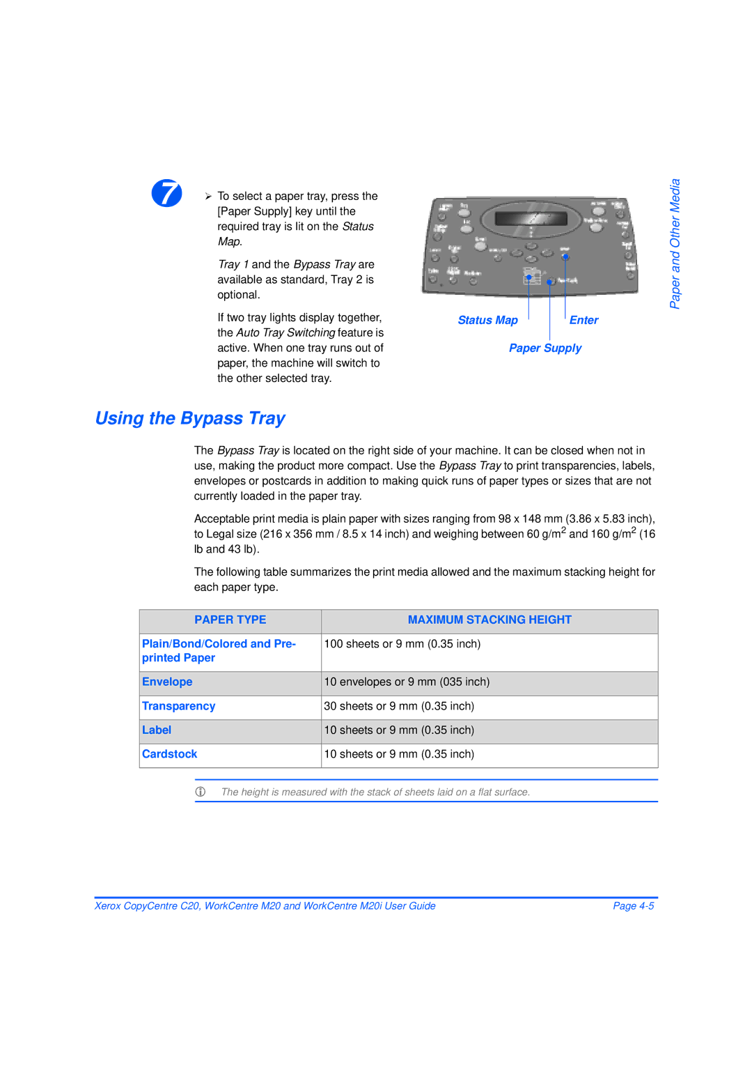 Xerox M20/M20i manual Using the Bypass Tray, Paper Supply key until, Required tray is lit on the Status Map 