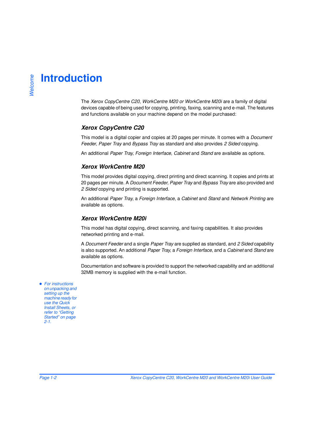 Xerox M20/M20i manual Introduction, Xerox CopyCentre C20, Xerox WorkCentre M20i 