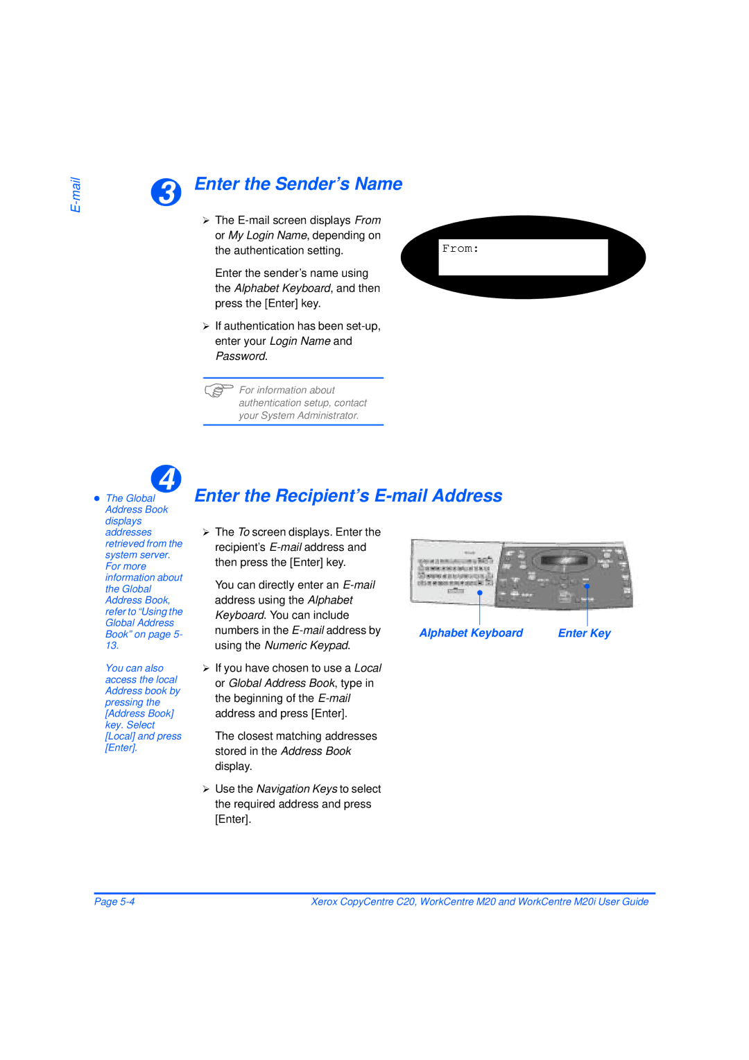 Xerox M20/M20i Enter the Sender’s Name, Enter the Recipient’s E-mail Address, Alphabet Keyboard, Using the Numeric Keypad 