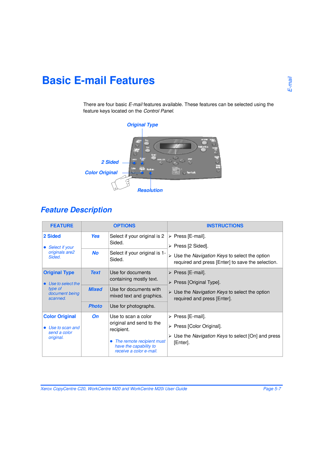 Xerox M20/M20i manual Basic E-mail Features, Original Type Sided Color Original Resolution 