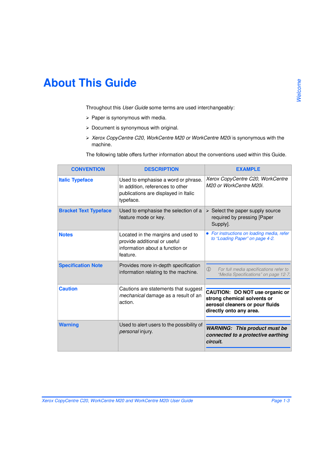 Xerox M20/M20i manual About This Guide, Italic Typeface, Bracket Text Typeface, Specification Note 