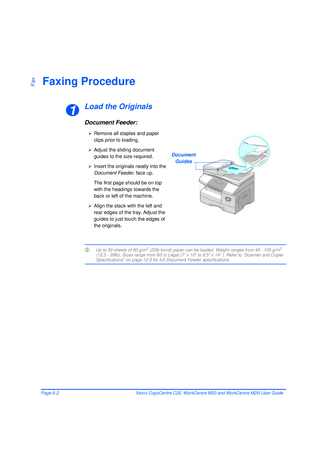 Xerox M20/M20i manual Faxing Procedure, Guides to the size required 