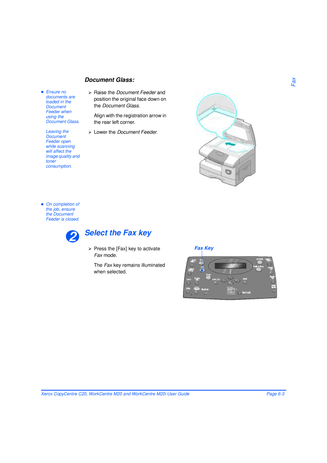 Xerox M20/M20i manual Select the Fax key, Press the Fax key to activate, Fax Key 