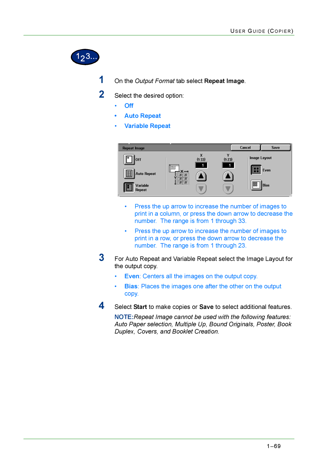 Xerox M24 manual Off Auto Repeat Variable Repeat 