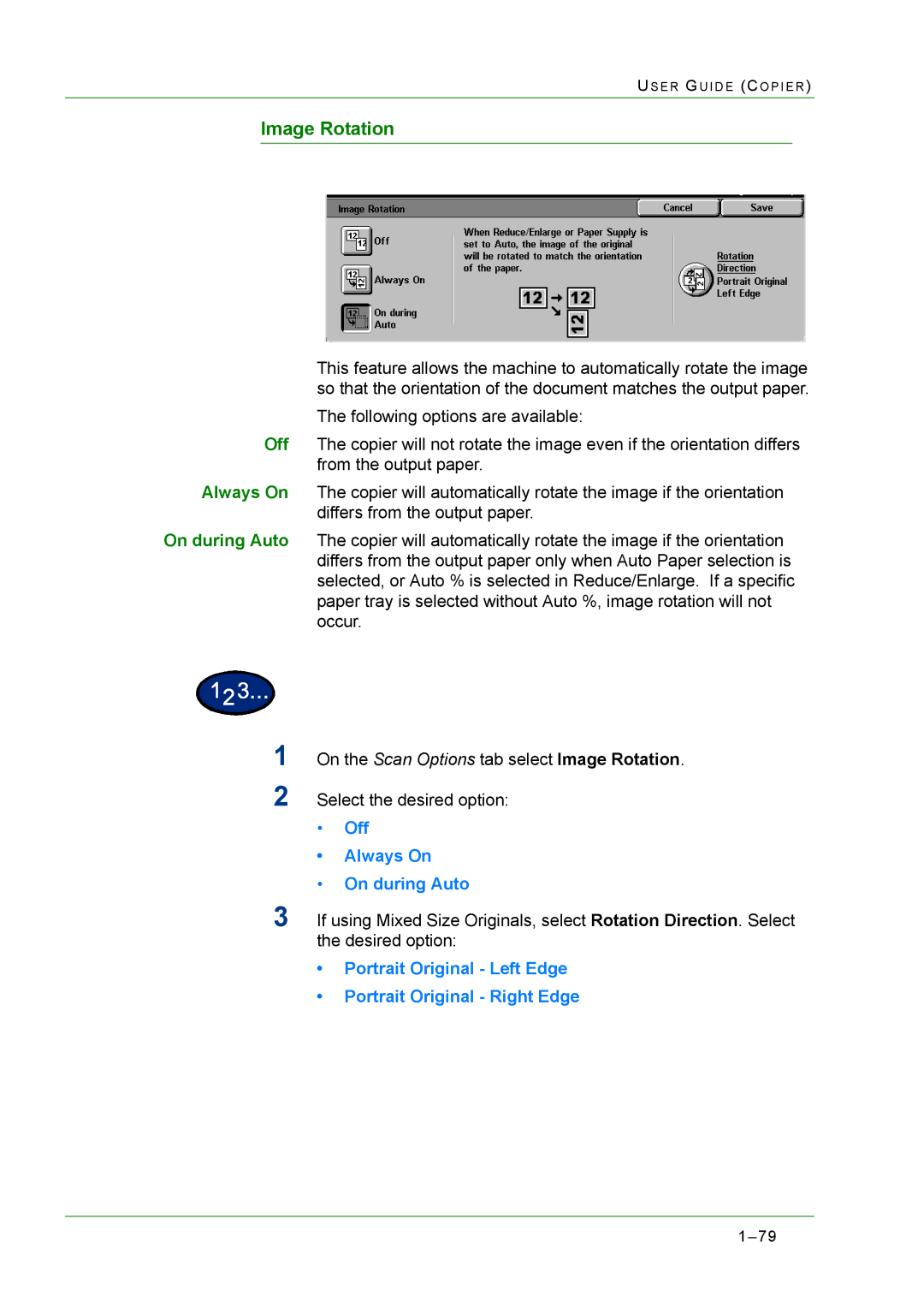 Xerox M24 manual Image Rotation, Off Always On On during Auto, Portrait Original Left Edge Portrait Original Right Edge 