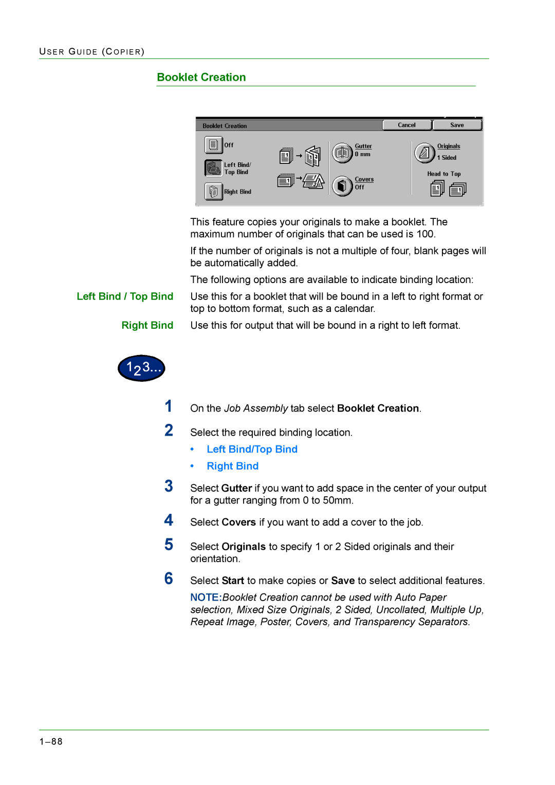 Xerox M24 manual Booklet Creation, Left Bind/Top Bind Right Bind 