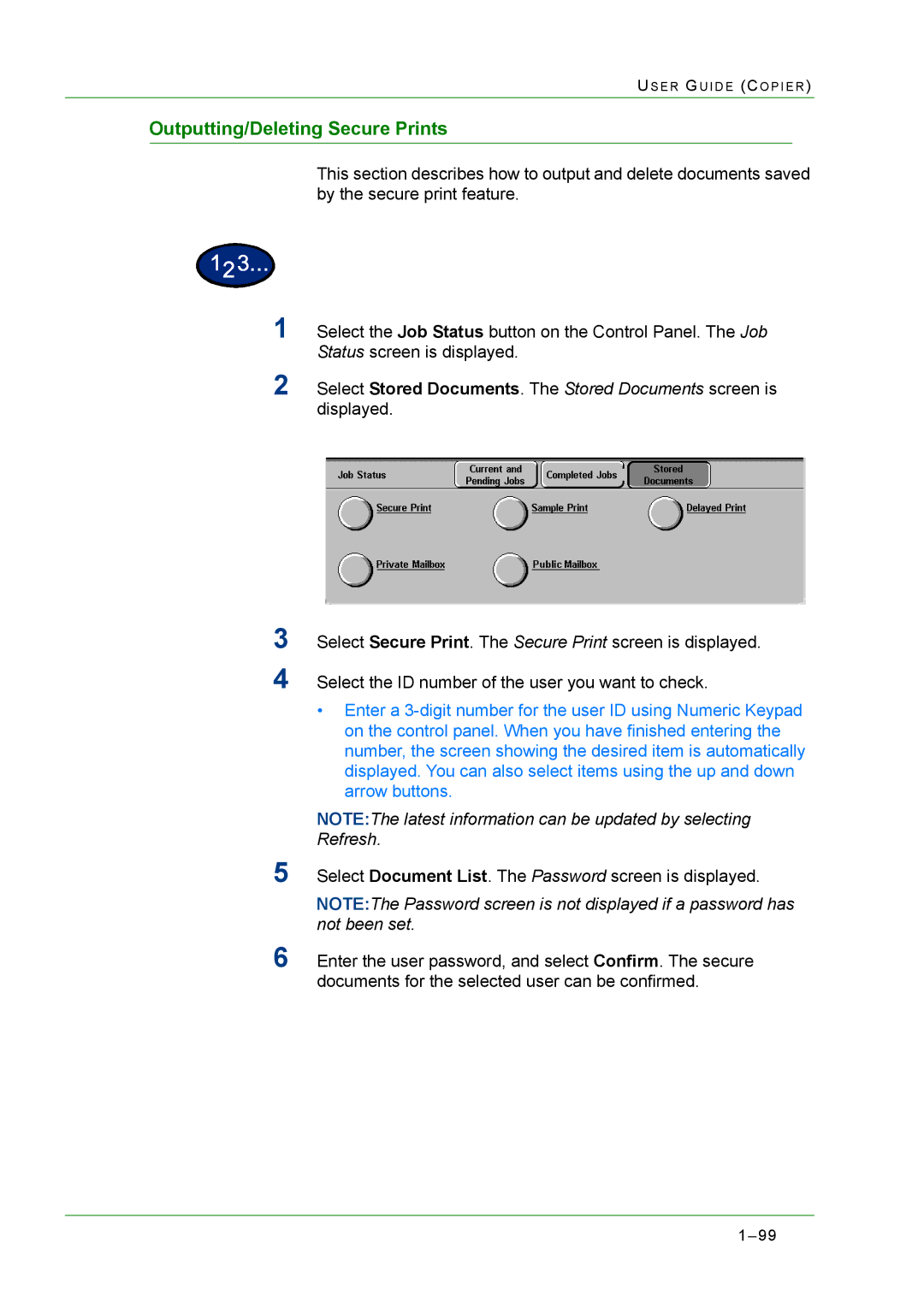 Xerox M24 manual Outputting/Deleting Secure Prints 