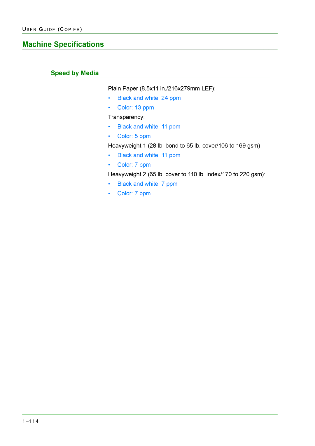 Xerox M24 manual Machine Specifications, Speed by Media 