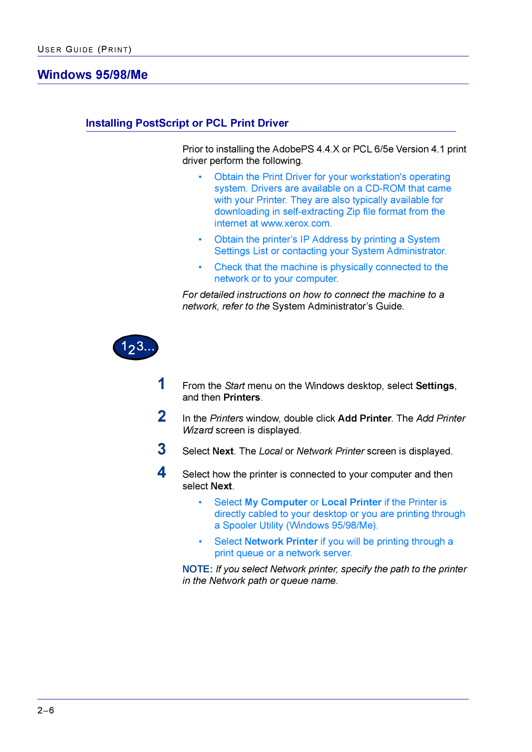 Xerox M24 manual Windows 95/98/Me, Installing PostScript or PCL Print Driver 