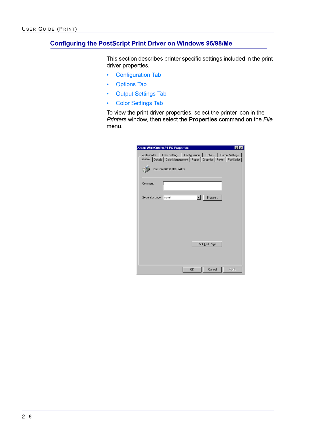 Xerox M24 manual Configuring the PostScript Print Driver on Windows 95/98/Me 