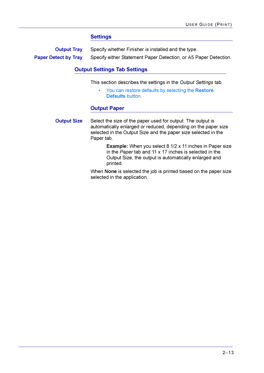 Xerox M24 manual Output Settings Tab Settings, Output Paper 