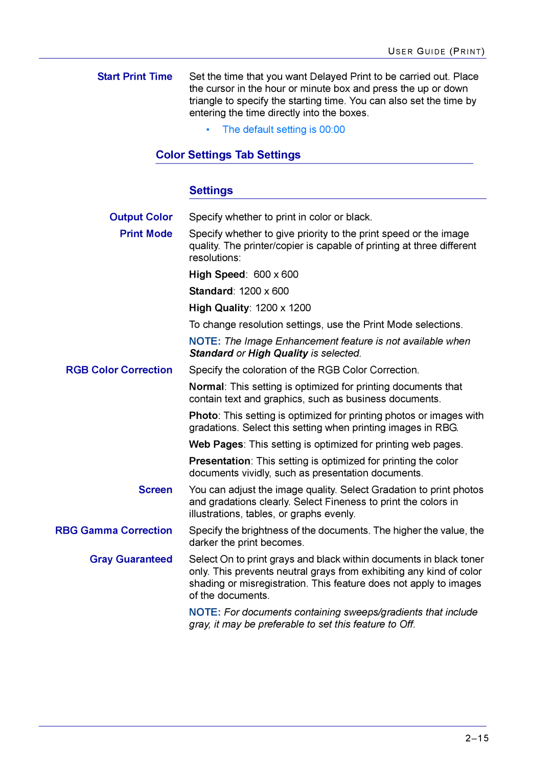 Xerox M24 manual Color Settings Tab Settings, Standard or High Quality is selected 