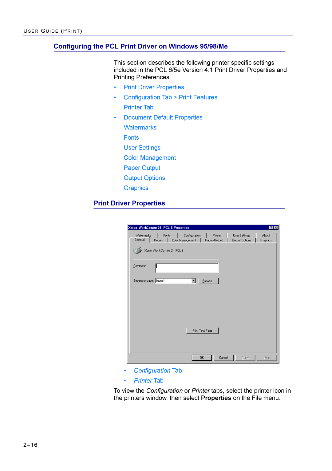 Xerox M24 manual Configuring the PCL Print Driver on Windows 95/98/Me, Print Driver Properties 