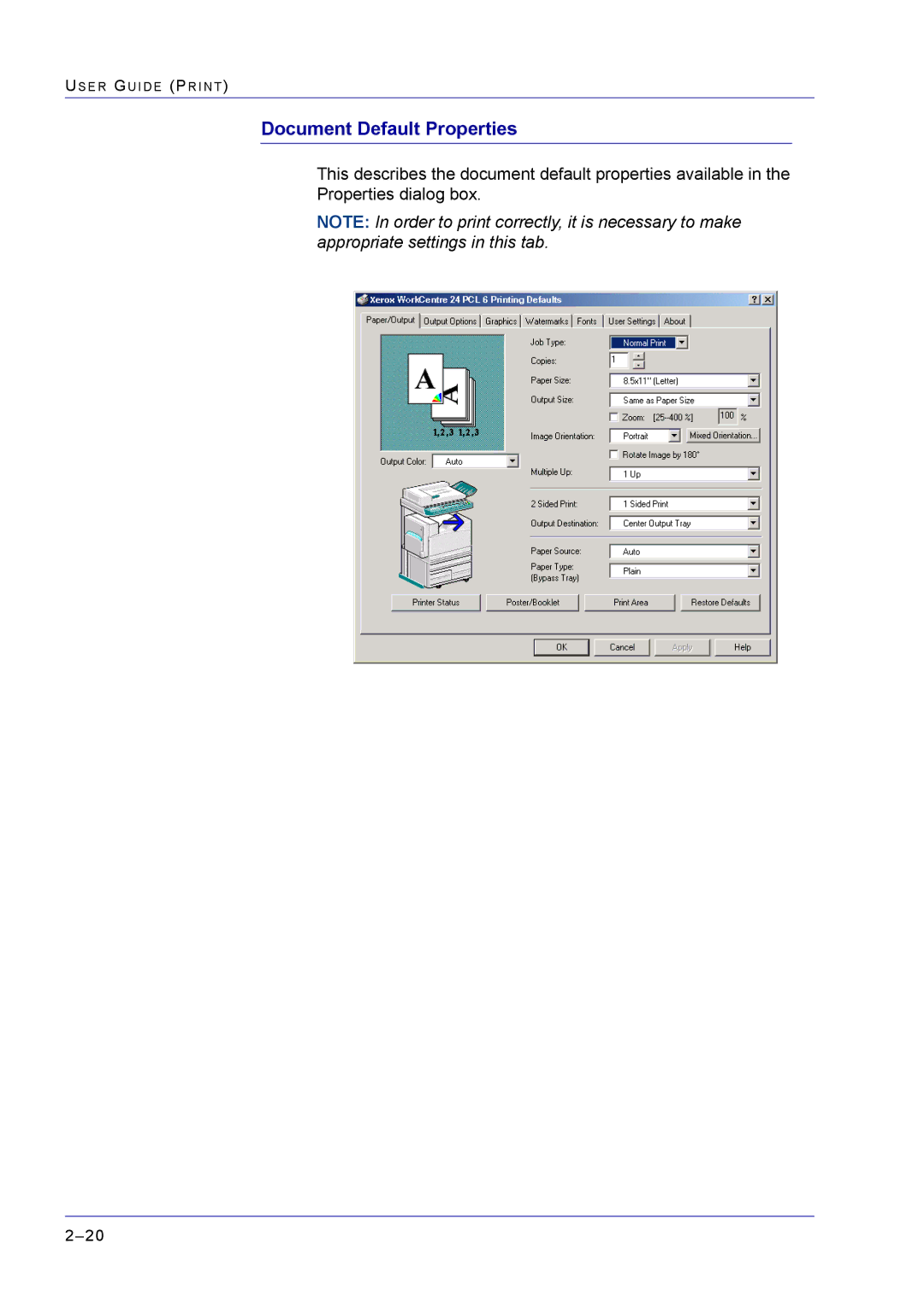 Xerox M24 manual Document Default Properties 