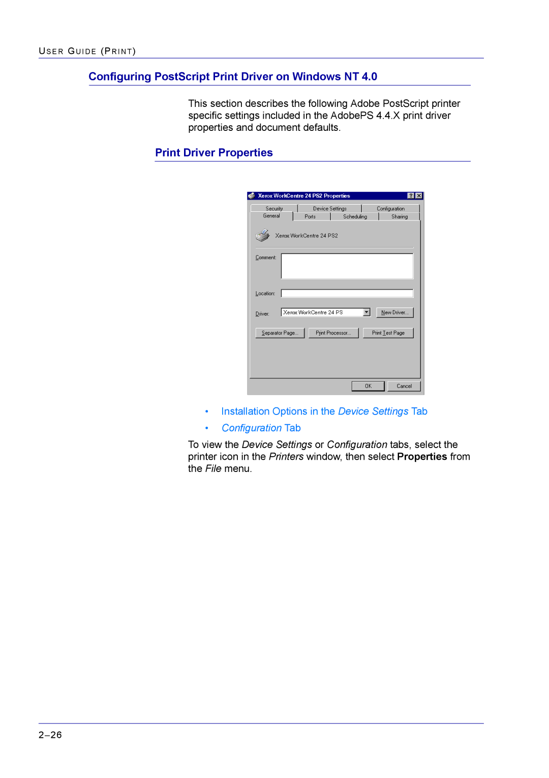 Xerox M24 manual Configuring PostScript Print Driver on Windows NT, Configuration Tab 