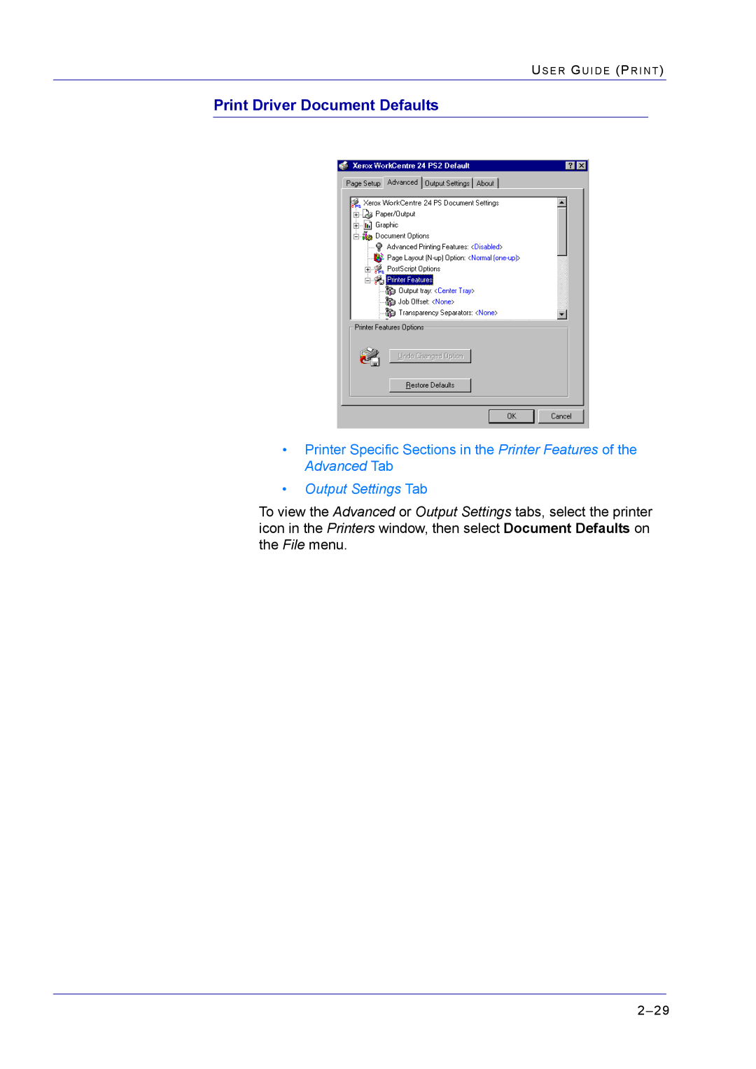 Xerox M24 manual Print Driver Document Defaults, Output Settings Tab 