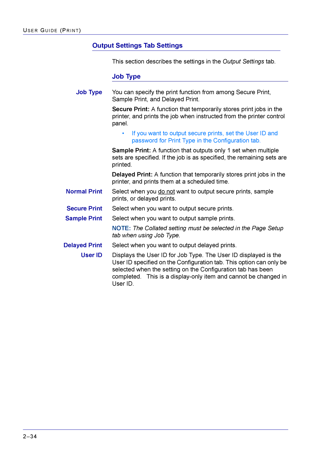 Xerox M24 manual Output Settings Tab Settings 