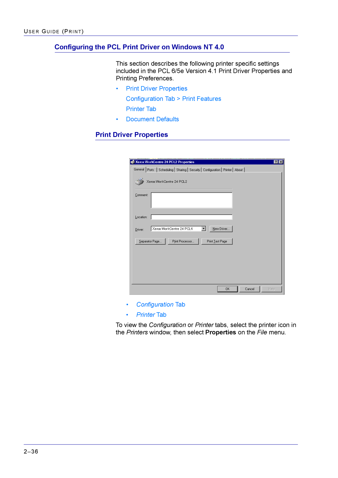 Xerox M24 manual Configuring the PCL Print Driver on Windows NT, Print Driver Properties 