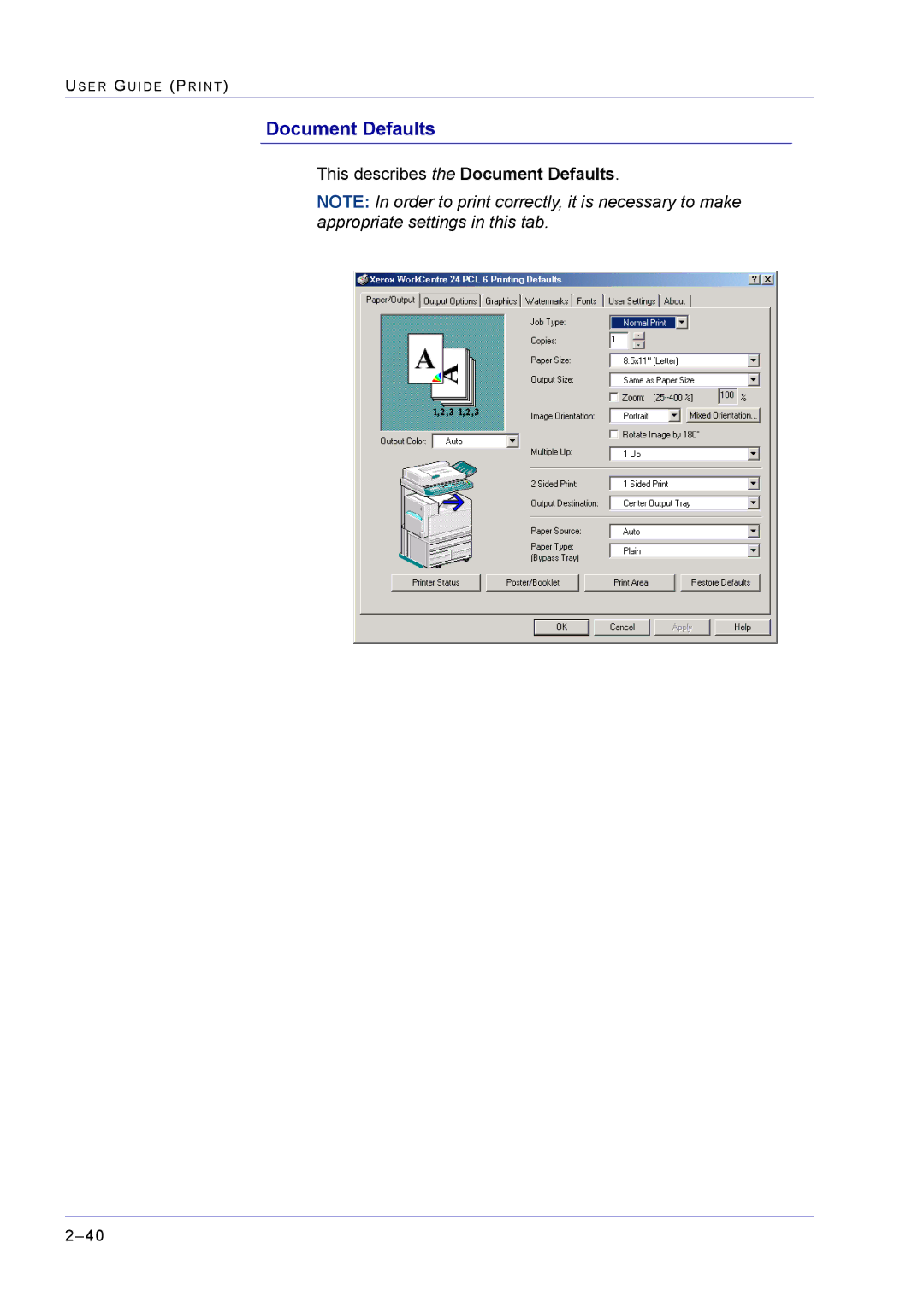 Xerox M24 manual This describes the Document Defaults 