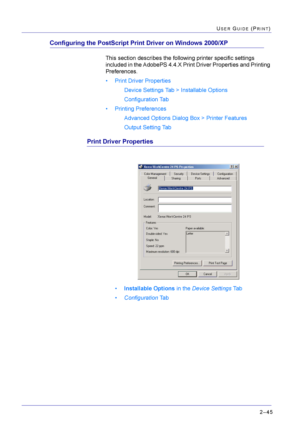 Xerox M24 manual Configuring the PostScript Print Driver on Windows 2000/XP, Installable Options in the Device Settings Tab 