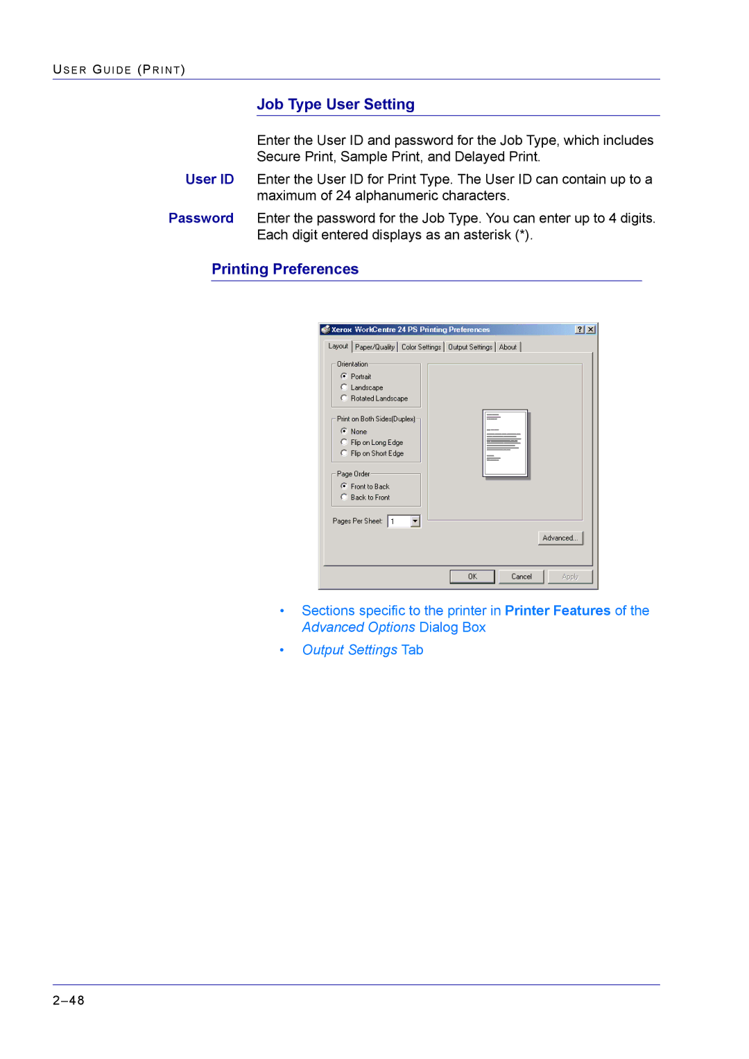 Xerox M24 manual Job Type User Setting, Printing Preferences 