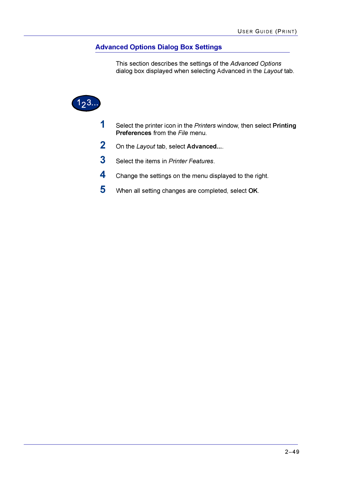 Xerox M24 manual Advanced Options Dialog Box Settings 