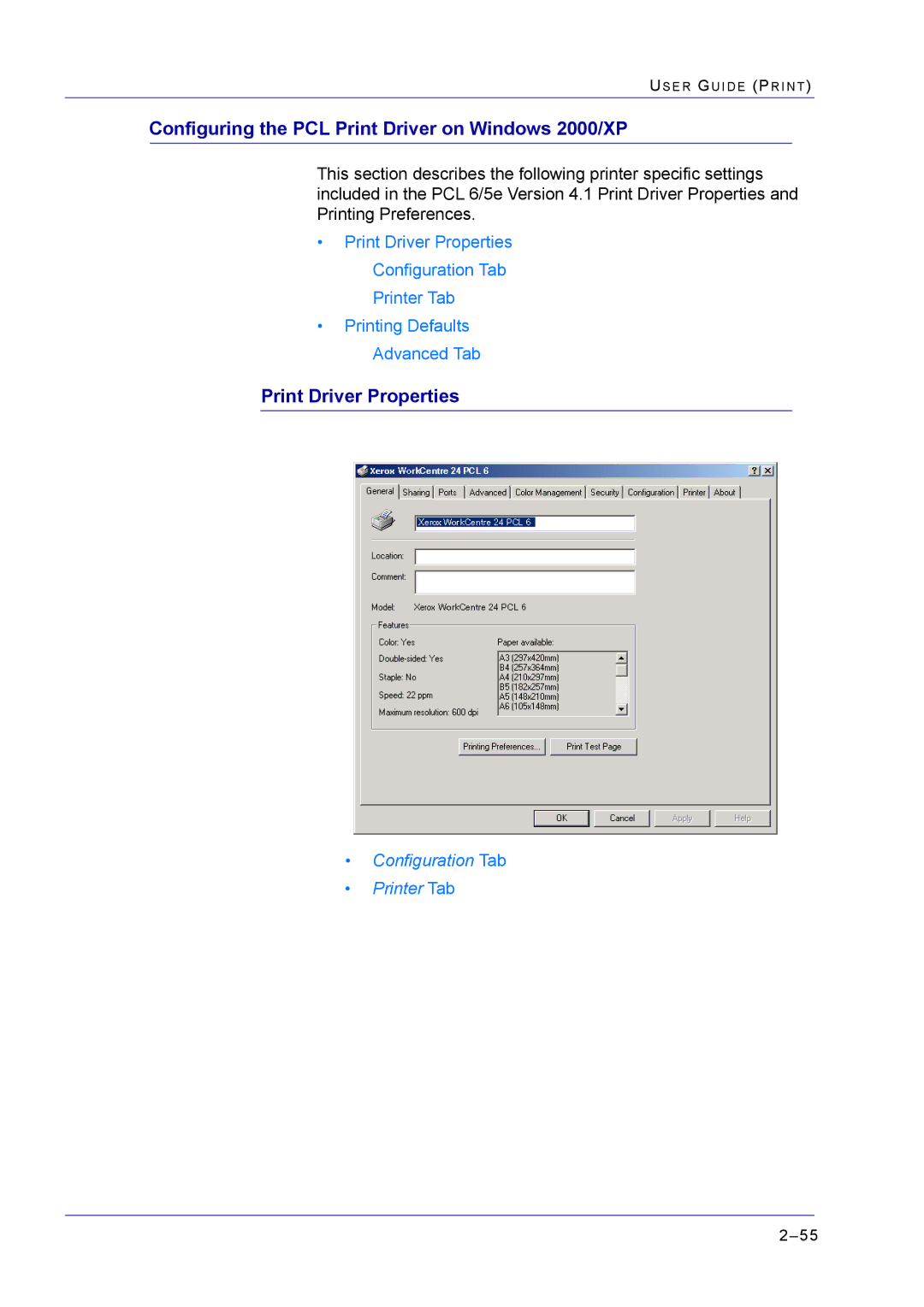 Xerox M24 manual Configuring the PCL Print Driver on Windows 2000/XP, Print Driver Properties 